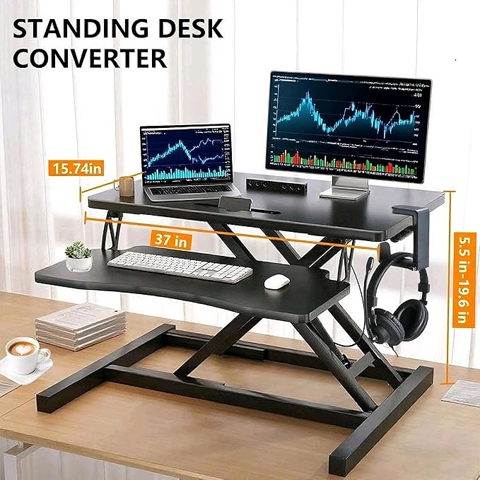 37-inch Standing Desk Converter,Height Adjustable Sit to Stand Up Workstation Riser, Dual Monitor and Laptop Riser with Wide Keyboard Tray, Headphone Stand,Cable Clips,for Home Office, Black