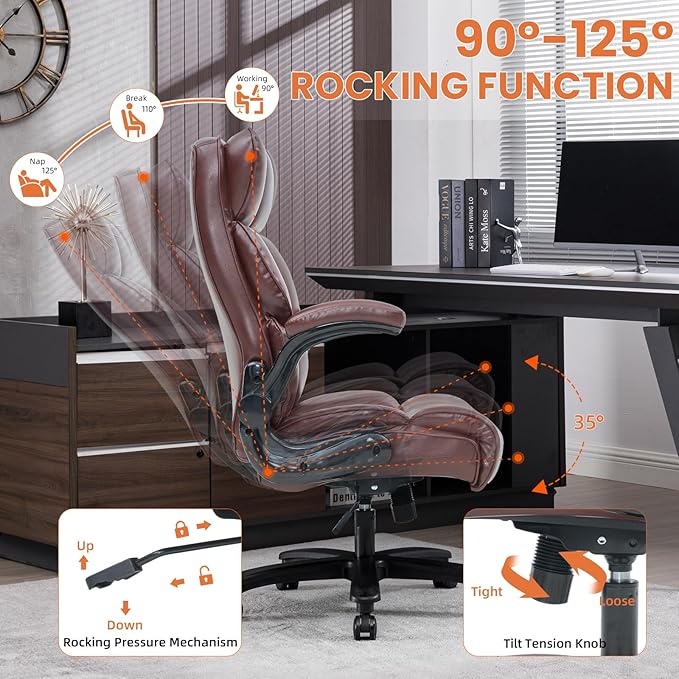 Big and Tall Office Chair 500lbs Wide Seat Executive Office Desk Chair High-Back Office Task Chair with Flip-Up Armrest, Ergonomic Lumbar Support Computer Office Chairs for Heavy People(Brown)