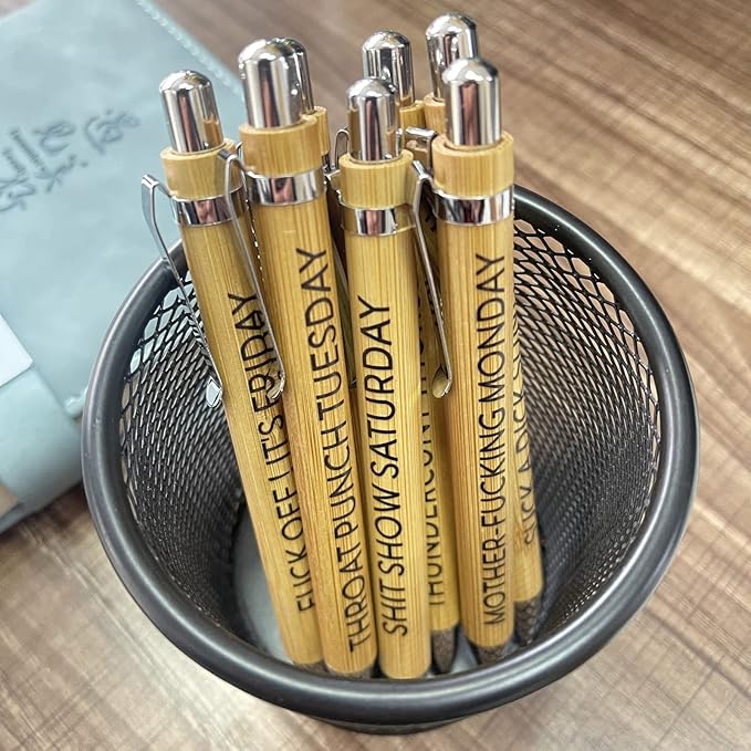 14-Piece Funny Bamboo Pen Set for Sarcastic Souls, Unique Days of The Week Mood Ballpoint Pens with Engraved Humorous Quotes, Excellent Gift for Office, Friends, and Coworkers