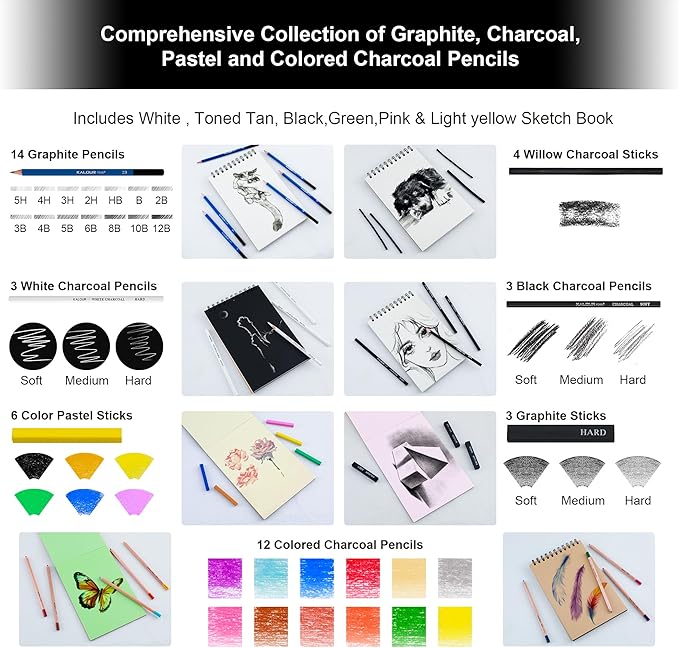 KALOUR 95-Piece Sketching and Drawing Art Set with 3-color Sketch Book and Pastel Paper – Graphite, Charcoal, and Pastel Pencils – Complete Artist Kit for Beginners and Professionals
