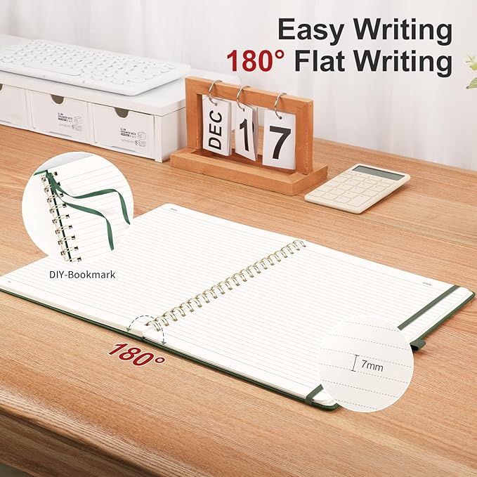 AHGXG Lined Spiral Notebook Journal for Women, 140 Pages Hardcover Leather Notebook College Ruled, A5 5.7" x 8.3", 100 GSM Thick Paper, Notebooks for School Work, Journals for Writing, Green