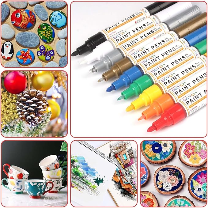 Betem 9 Colors Dual Tip Oil Based Paint Markers Acrylic Paint Pens(0.7mm & 3mm),Permanent,Waterproof,Quick Dry,for Rock Painting,Wood,Plastic,Metal,Canvas,Glass,DIY Crafts,Art Supplies