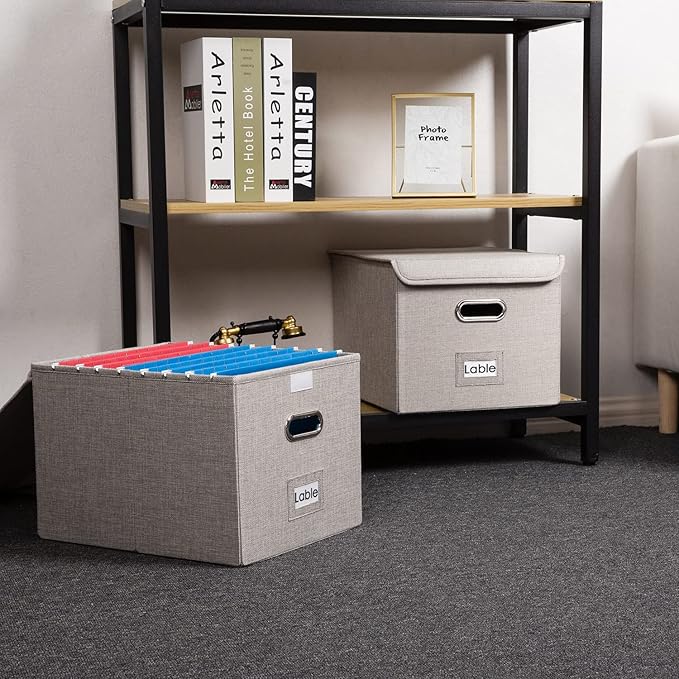 PRANDOM File Organizer Box - Set of 2 Collapsible Decorative Linen Filing Storage Hanging File Folders with Lids Office Cabinet Letter Size Light Grey (15x12.2x10.75 inch)