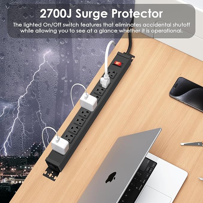 JUNNUJ Multi Angle Mount 10 Outlet 20 Amp Power Strip Heavy Duty, 2700J Surge Protector Under Desk with Switch 20A, Garage Workbench Gaming Outlet Table Wall Mountable, 10FT 12AWG Extension Cord