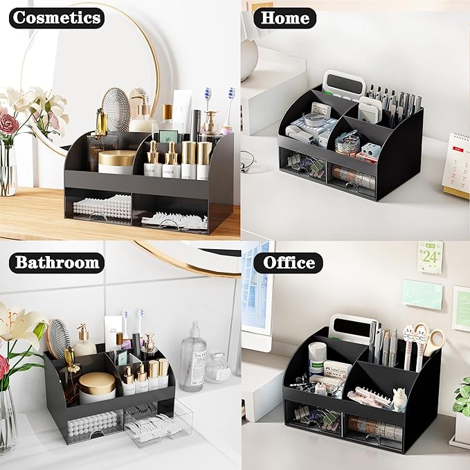 Black Desk Accessories with Pen Holder, Office Supplies Desk Organizers and Accessories, Tape Dispenser, Stapler, Staple Remover, Staples, Clips Set, Ruler, Scissor, Pen, Tape (Black)