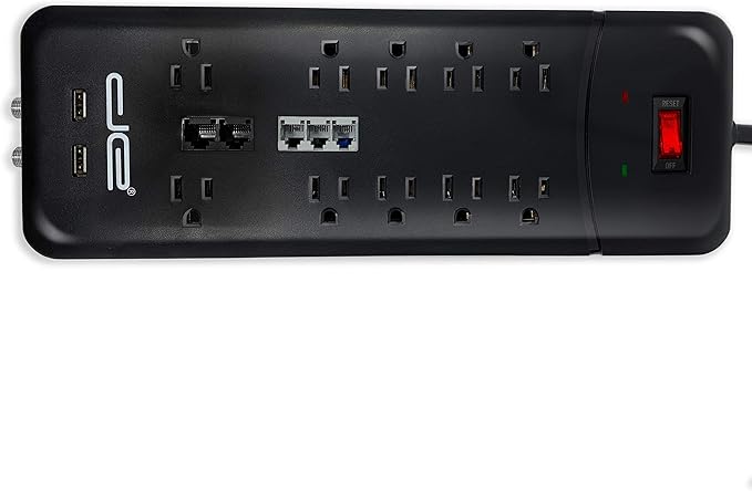 Digital Energy 10-Outlet Straight Plug 4050 Joules Heavy Duty Surge Protector Power Strip, 25 Foot Long Extension Cord, 15 AMP, 15 FT, Black
