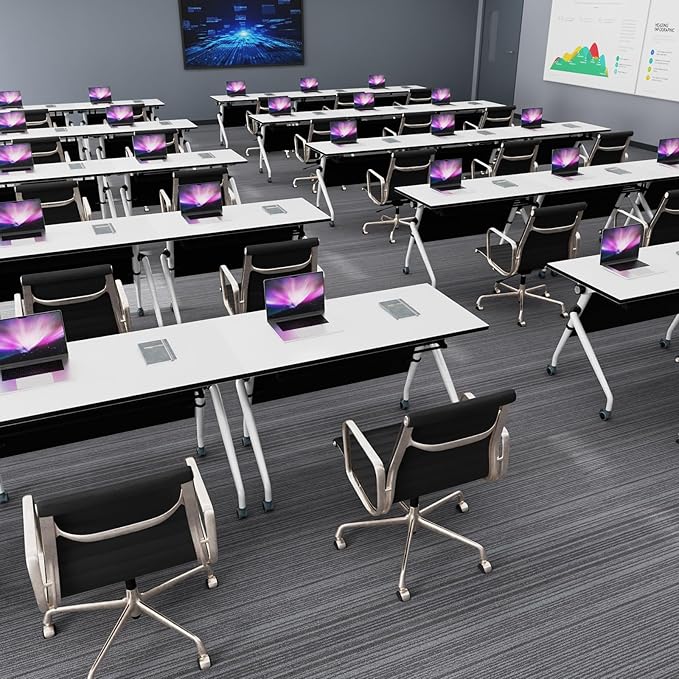 Conference Table, Folding Conference Room Tables, Mobile Training Tables with Silent Wheels, Large Rectangular Modular Seminar Table Office Computer Desks for Classroom White (4Pack L63in)