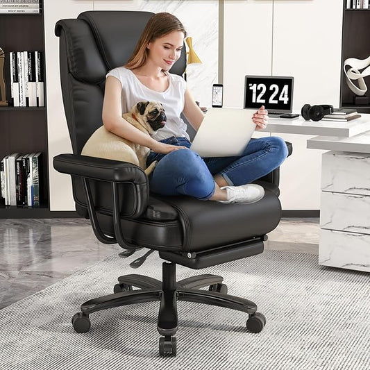 GYI Criss Cross Chair with Wheels, 160° Big and Tall Reclining Office Desk Chair with High Back, Wide Seat, Arms, Footrest, Black