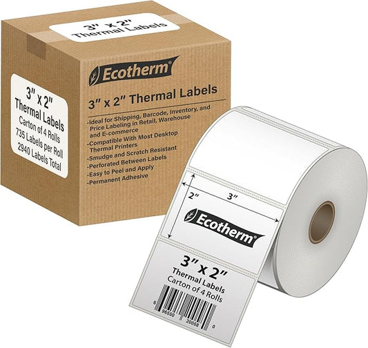 3" x 2" Thermal Labels | 4 Rolls | 2940 Labels | fits Zebra, Munbyn, Rollo, Godex, Arkscan, iDPRT, Offnova Thermal Label Printers and More | Blank White Adhesive Stickers by Ecotherm