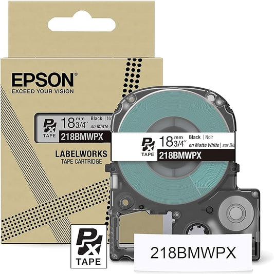 Epson LABELWORKS 218BMWPX Genuine PET (Polyester) Tape Cartridge - Black on Matte White Designer Craft Label Maker Tape - 3/4" (18MM) Wide, 26'