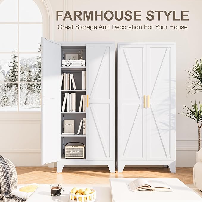 71H Tall Metal Storage Cabinet with 2 Doors and 5 Shelves,Farmhouse Storage Cabinet with Barn Doors,Pantry Storage for Home,Office,Dining Room,Kitchen,Bathroom(White)