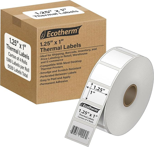 1.25" x 1" Thermal Labels | 4 Rolls | 5520 Labels | fits Zebra, Godex, Arkscan, iDPRT, Offnova Thermal Label Printers and More | Blank White Adhesive Stickers by Ecotherm