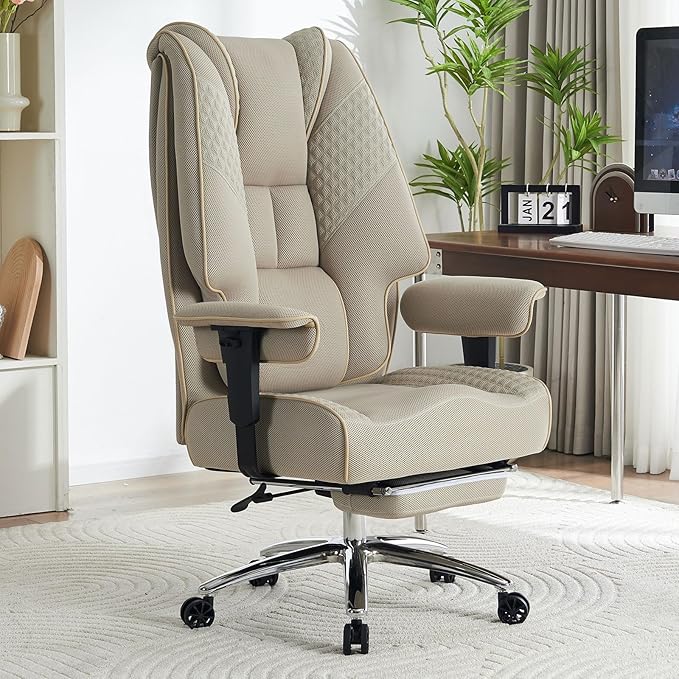 Big and Tall Office Chair 400lbs Wide Seat, Leather High Back Executive Office Chair with Foot Rest, Ergonomic Chairs Lumbar Support for Lower Back Pain Relief (Mesh Dark Beige)