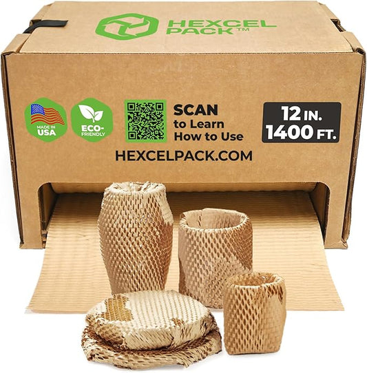 HexcelWrap Mini - Honeycomb Packing Paper, Eco-Friendly, Sustainable Paper Bubble Wrap for Shipping & Moving, Cushioned Packing Material in Easy Self-Dispenser Box - Natural, 12" x 1400'