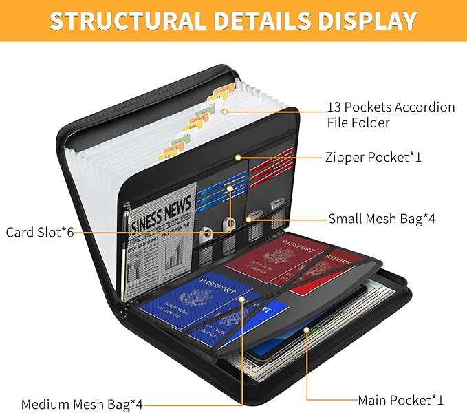 JUNDUN Accordion File Organizer - Fireproof Accordion Folder with Zipper & Labels - 13 Pocket Expanding File Folder with Multi-Pockets Document Organizer Folder for Letter A4 Files | Receipt and More