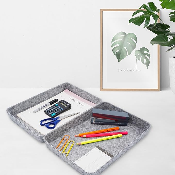 Welaxy 2-Piece Office Desk Drawer Organizer Tray Letter-Size documents A4 Paper Book File Folder Holder Storage Bins (Gray)