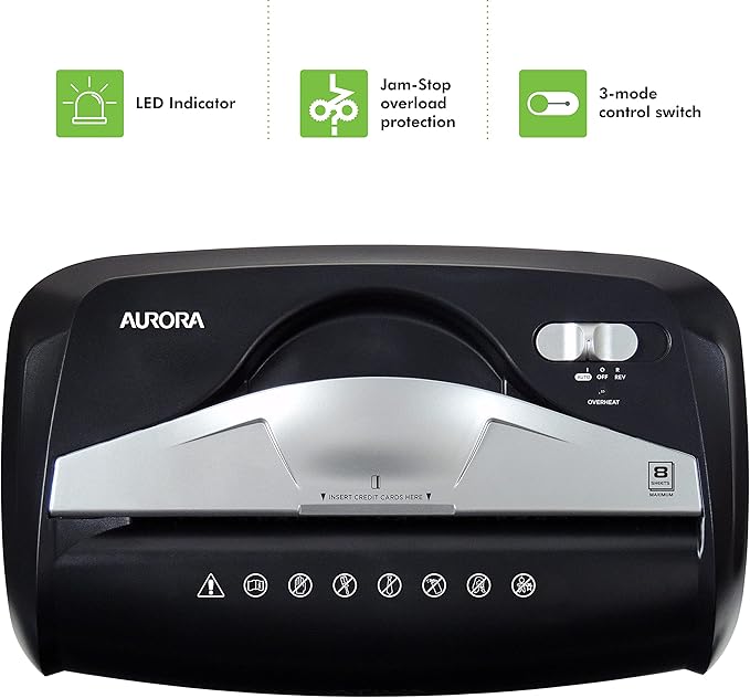 Aurora High-Security 8-Sheet Micro-Cut Paper Credit Card Shredder Black