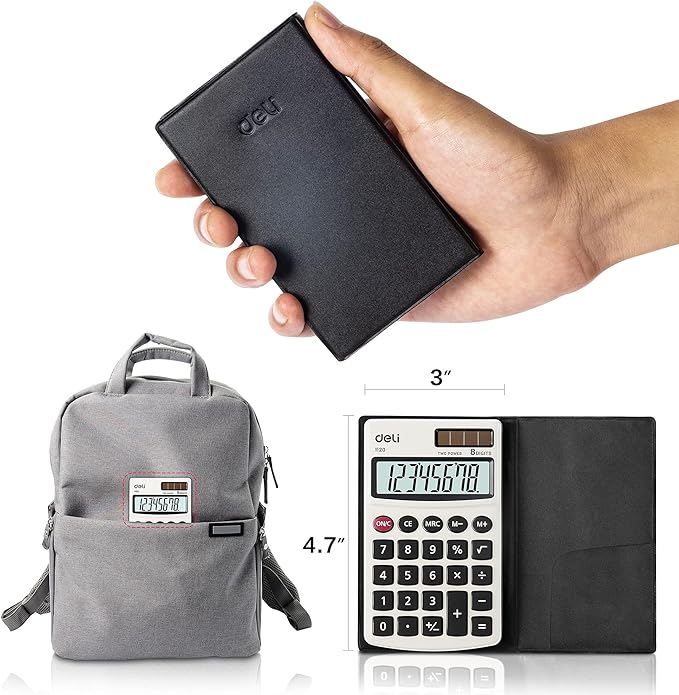 Calculator, Deli Standard Function Basic Calculators, Solar Battery Dual Power Office Calculator with Cover, Metal Panel, 2 Pack
