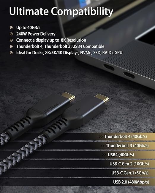 Maxonar [4Ft] Thunderbolt 4 Cable, 240W Thunderbolt Cable 40Gbps Sync 8K/5K@60Hz Display and for Thunderbolt 4, Thunderbolt 3, USB4, and USB-C Devices