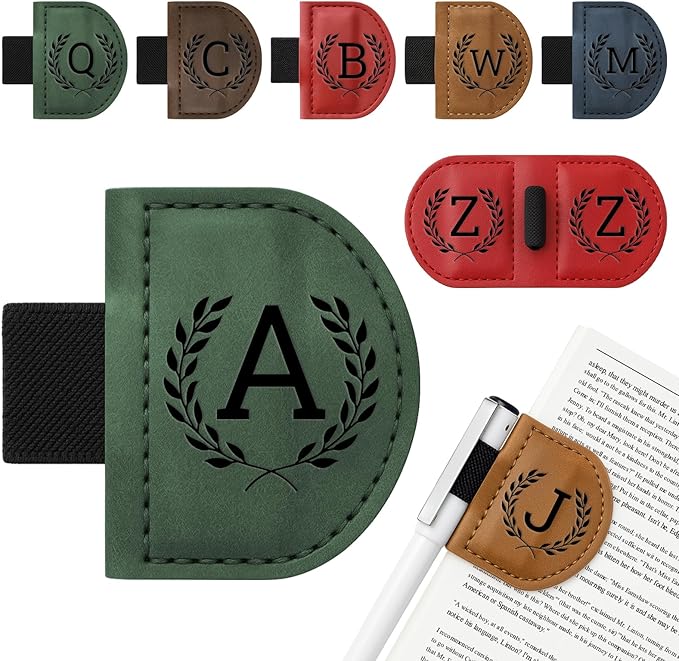Personalized Bygone Mark Bookmark with Pen Holder,Engraving Leather Magnetic Bookmarks Vintage 26 Letters Name Initials Text Book Marker Clips Gifts for Reading Book Lovers Women (Green, A)