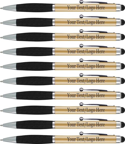 Personalized Pens With your Custom Logo or Text-300 Pack Bulk-for Businesses, Parties, and Events, 2 in 1 Ballpoint Pen & Stylus Compatible with Touchscreen Devices, Gold Barrel, Black Ink