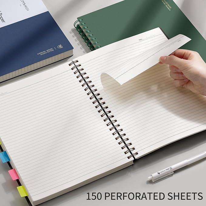 EMSHOI A4 Spiral Notebook, 11.2" X 8.27", College Ruled Lined Journal, 300 Pages/150 Sheets, Easy Tear Perforated Pages, 100gsm Thick Paper, Waterproof Softcover, for School Work Writing-Coffee