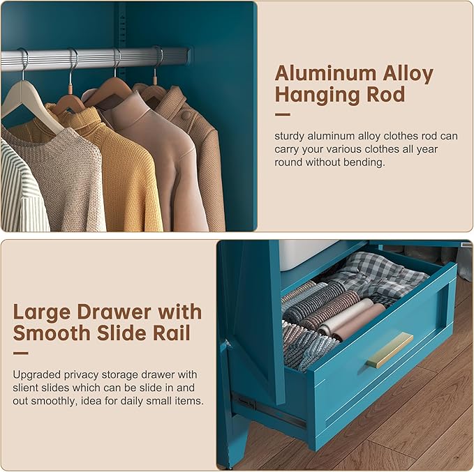 71" Tall Metal Wardrobe Cabinet with Drawer and Hanging Rod, 2 Doors Armoire Wardrobe Closet with Shelf for Bedroom, Office, Laundry Room, Blue