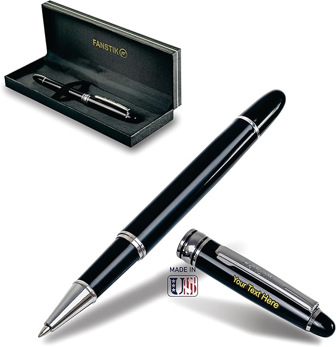 Customized RollerBall pen with name (MADE IN USA), stainless steel, black and silver, luxury engraved pen personalized for men and for women. (RollerBall Black-Silver)