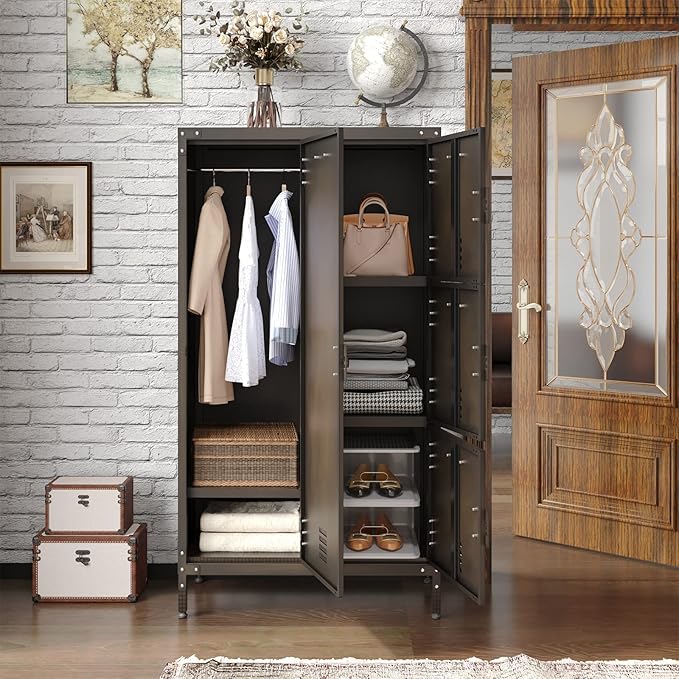 MIIIKO Steel Wardrobe Cabinet Locker, Rustic Metal Storage Cabinet with Shelf, Lockable Doors and Hanging Rod, Industrial Locker for Living Room, Bedroom, Home Office and Club