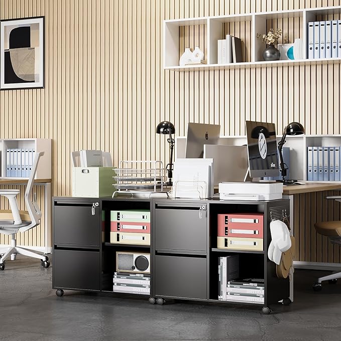 Lateral 2 Drawer Filing Cabinet with Lock, Mobile File Cabinet on Wheels, Printer Stand with Storage for Legal/Letter/A4 File Folders (Blcak)