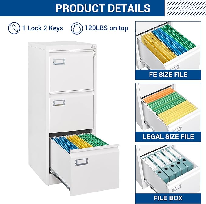 3 Drawers Vertical File Cabinets - 17.8" Deep Lockable Filing Cabinet - White Metal Storage Cabinets for Home Office to Hanging Files Letter/Legal/F4/A4 Size