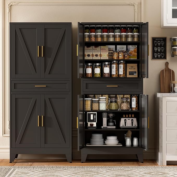 71" Tall Metal Storage Cabinet with Drawer and Adjustable Shelves,Farmhouse Kitchen Pantry Storage Cabinet with Doors,Large Wide Cabinets for Craft Room,Office,Dining Room,Bathroom(Black)
