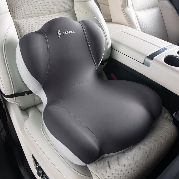 FLORICH Memory Foam Truck Seat Cushion with Adjustable Strap,Seat Cushion and Lumbar Support Pillow for Car Office Chair, Ergonomic Back Support & Sciatica Relief for Long Drives(Grey)