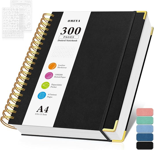 Bullet Dotted Journal Spiral Notebook, 300 Pages Leather Notebooks with Contens, 120 GSM Thick No Bleed Through Paper Journals, A4 Large Dot Grid Notebook for Women Men Work Writing, 8.5" x 11", Black
