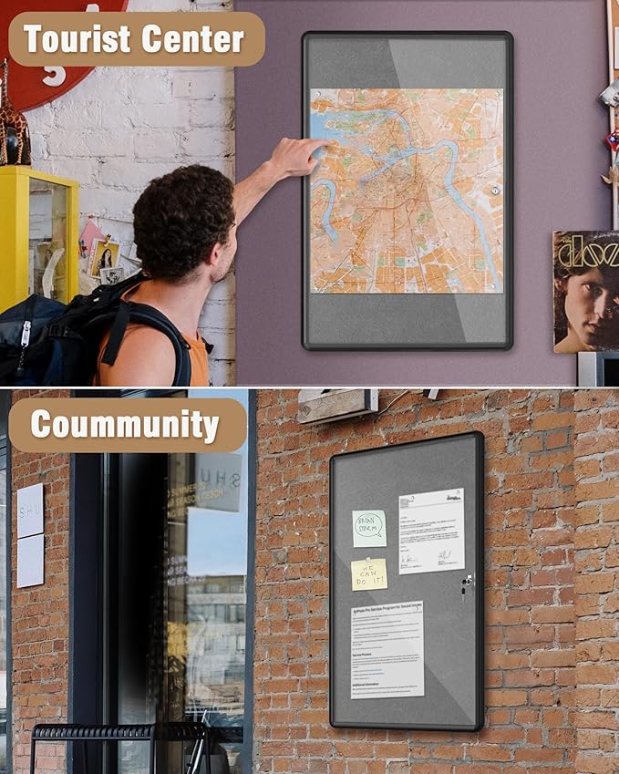 36"x24" Enclosed Bulletin Board, Lockable Weather-Resistant Aluminum Cork Noticeboard for School & Office, Black Frame w/Grey Flet