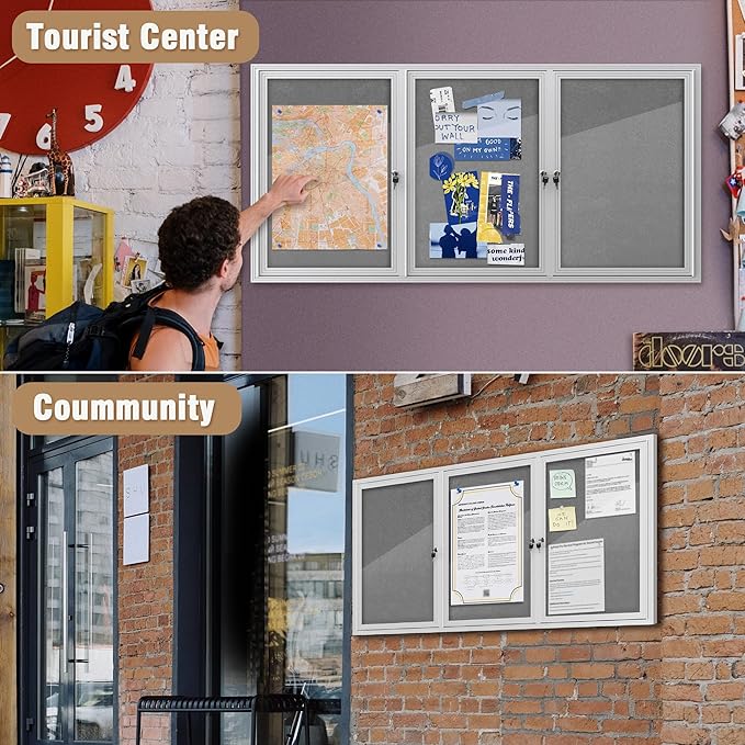 70"x34" Enclosed Bulletin Board, Outdoor Lockable Weather-Resistant Aluminum Cork Noticeboard for School & Office, Silver Frame w/Grey Flet