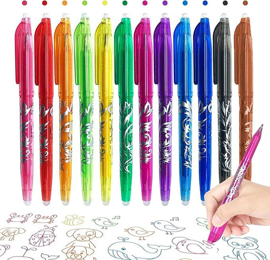 Erasable Pens 12 Pack 0.5mm Ballpoint Quick Dry Liquid Ink Gel Pens Erasable Multicolor Stationery Office Supplies Comfortable Grip Smooth Writing Great for Work School Creation Children's Gift