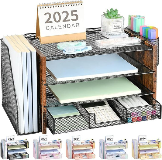 Desk Organizer and Accessories, 4-Tier Desktop File Organizer with Drawer and 2 Pen Holders, Office Desk Accessories for Office Supplies(Wood)