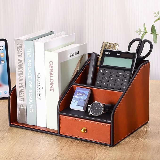 KINGFOM PU Leather Desk Organizer, Multifunction 6 Compartment Desk Organizers and Accessories for Office Supplies, Pen Pencil Holder/Book Mail Organizer Holder for Desk with Drawer (Brown)
