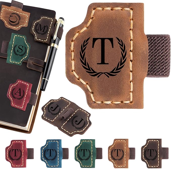 Personalized Magnetic Leather Bookmark with Pen Holder - 26 Letters Custom Book Mark with Name Initial Engraved Book Marker for Readers, Book Lovers, Travelers - Gift for Women & Men(Light Brown，T