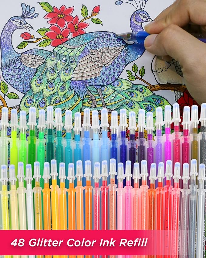 ColorIt 48 Gel Pen Ink Refills for Glitter, Metallic, and Neon - Color Coded for Easy Replacement (Glitter) - Pen Refills