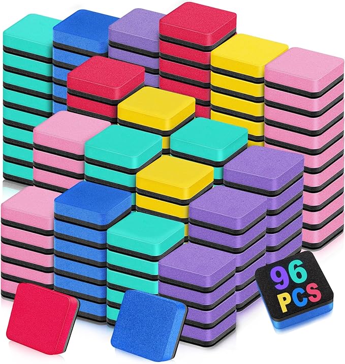 96 Pack Dry Erase Erasers, Mini Magnetic Dry Erase Eraser Bulk, Square Colorful White Board Dry Erasers, Ideal Chalkboard Cleansers, Perfect for Kids Classroom, Home and Office (1.97 x 1.97 Inch)