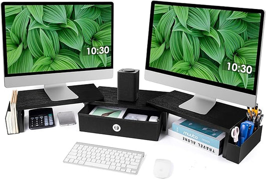 Dual Monitor Stand Riser w/ Drawer & Metal Leg, Large Computer Monitor Riser w/ Storage For 2 Monitors, Desk Shelf For Monitor w/ Adjustable Length & Angle, Desktop Organizer For Laptop/TV/Printer