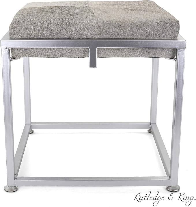Rutledge & King Cowhide Ottoman/Vanity Stool - Square Ottoman Stool - White Ottoman/Grey Ottoman Foot Rest - Cowhide Grey & White Stool - Gold Stool - Cow Ottoman - Cow Fur Stool (Silver)