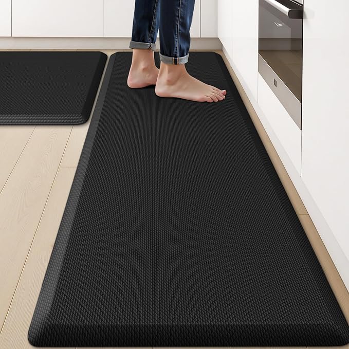 KitchenClouds 2PCS Kitchen Rugs Cushioned Anti-Fatigue Non-Slip Waterproof Kitchen Mat Comfort Foam Standing Mat for Floor Office Sink Laundry (Black)