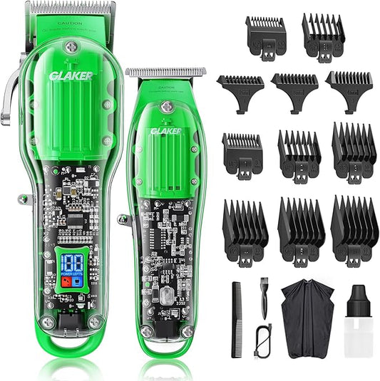 GLAKER Hair Clippers for Men Professional - Cordless Clippers and Trimmers Set, Complete Barber Kit for Hair Trimming & Beard Grooming, Mens Haircutting Kits for Blending & Fade Cuts (Green)