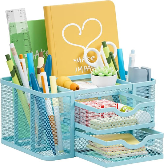 Marbrasse Mesh Desk Organizer, Pen Organizer with 2 Drawer, Multi-Functional Pencil Holder, Desk Organizers and Accessories with 5 Compartments + Drawer for Office Art Supplies (Blue)