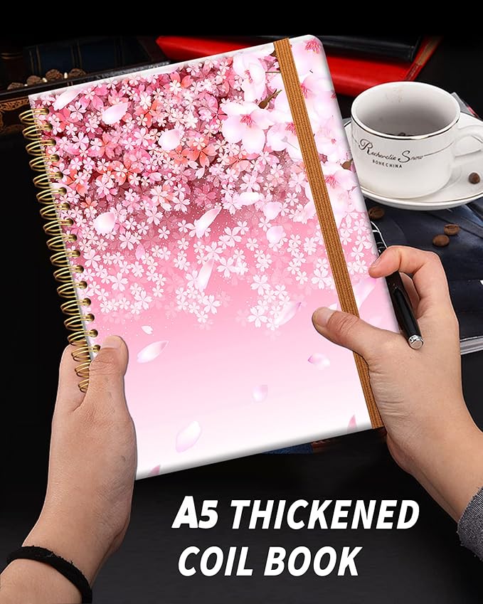 Ruled Spiral Writing Notebook,A5 Hardcover Lined College Journal for Women Lady Girl,Cute Strong Twin-Wire Binding with Premium Paper,8.4" X 6",Perfect for School,Office,Home Gifts(Cherry Blossom
