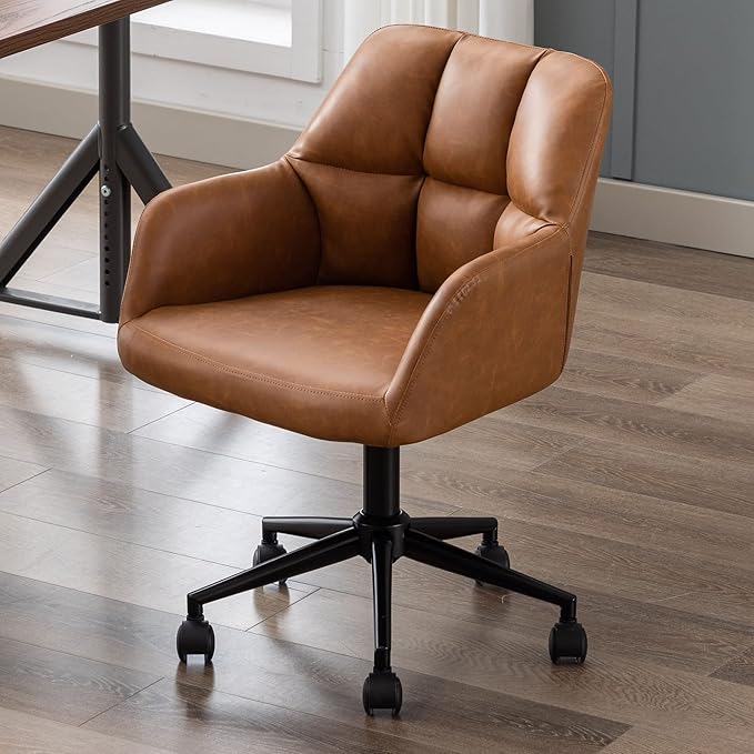 VESCASA Adjustable Home Office Desk Chair with Comfy Square Tufted Mid-Back, Faux Leather 360 Swivel Upholstered Task Armchair with Wheels for Teens Bedroom/Living Room, Brown