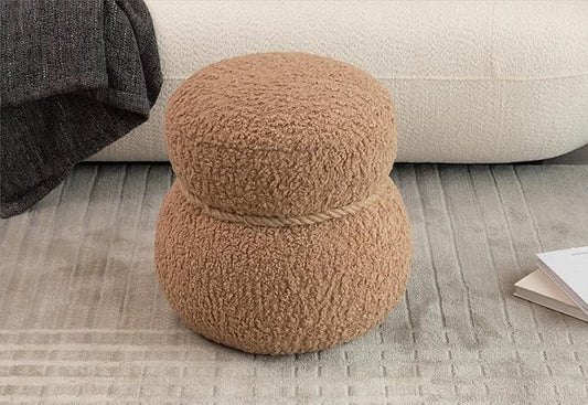 MEETAKING Small Round Foot Stool, Teddy Fabric Footrest Ottoman Stool with Non-Skid Legs, Modern Footstools Step for Couch, Desk, Office, Living Room (Light Brown)